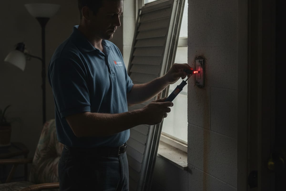 Probador sin contacto de un electricista cerca de un interruptor de pared descolorido en una casa poco iluminada de New Port Richey