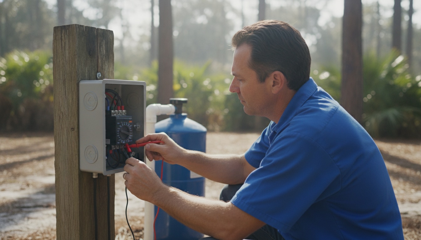 Electrician probing terminals inside an open outdoor well pump control box beside a blue pressure tank at a Florida home