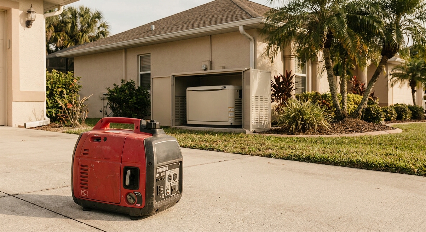 Side-by-side comparison of a whole-house standby generator and a portable generator in Florida