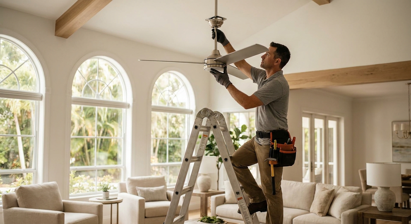 Electrician installing a new ceiling fan in a Tampa Bay living room