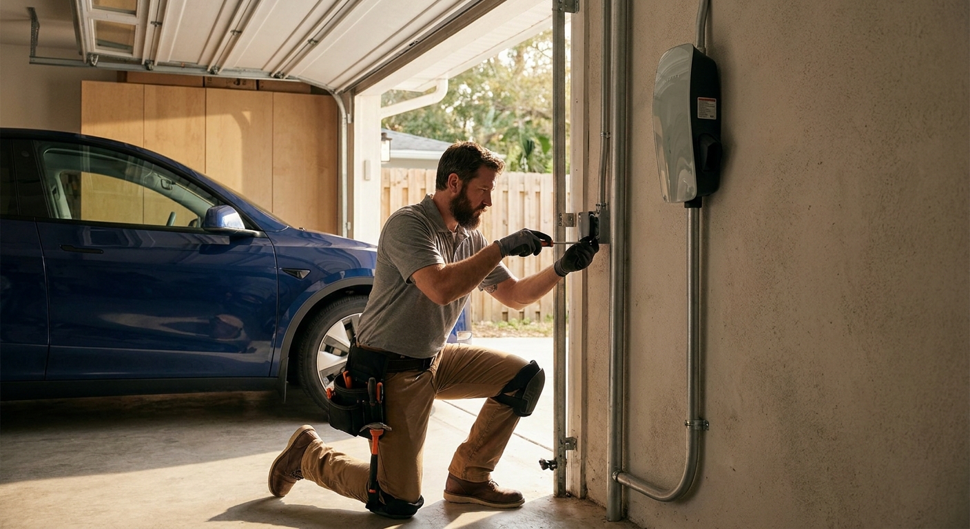 Level 2 EV charger mounted in a Tampa Bay garage with a clean conduit run