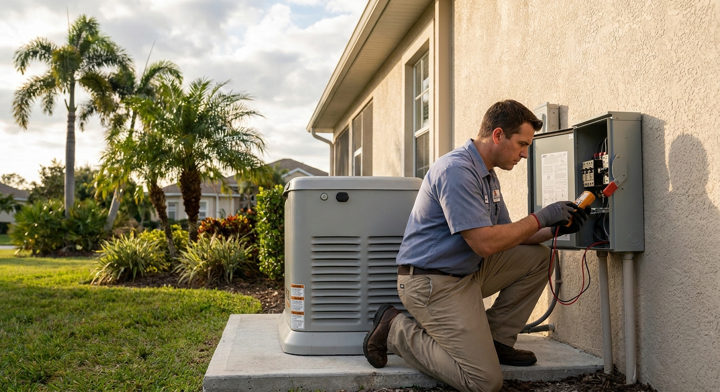 Standby generator installed on a concrete pad outside a Tampa Bay home