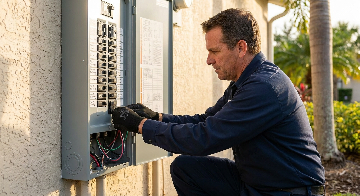 Licensed electrician upgrading an electrical panel in a Tampa home